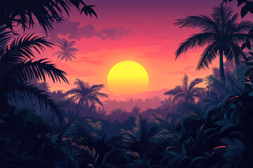 Obraz premium A vibrant sunset illuminates a tropical rainforest with golden hues, creating a serene and picturesque scene perfect for travel promotions, nature articles, or relaxation content,