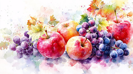 Impressionist watercolor illustration of grapes and apples, with an emphasis on colorful gradients and artistic expression, set against a light and airy background