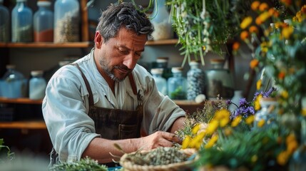 A man healer working with herbs and plants.