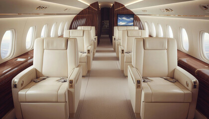 Obraz premium A luxurious interior of a private jet showcasing spacious, comfortable seating and elegant design for business travel.