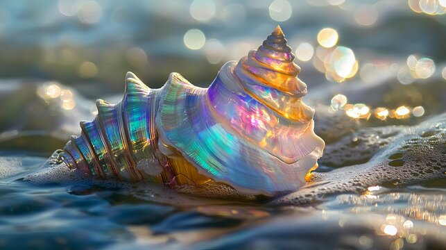 Shimmering seashell with a mix of iridescent colors like blue, purple, green, and yellow.
