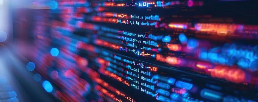 Code displayed on a computer screen with vibrant colors, dynamic and technological, Urban, Cool tones, Photograph, Programming