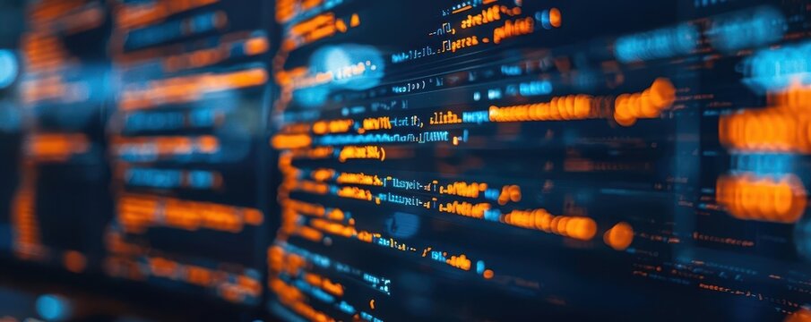 Code displayed on a computer screen with vibrant colors, dynamic and technological, Urban, Cool tones, Photograph, Programming