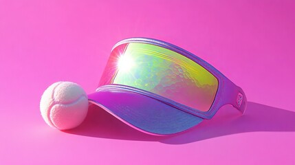 Sports visor with a holographic design, a tennis ball, and sunlight against a pink backdrop. Beach accessory, summer recreation, 80s or 90s style.