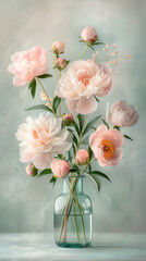 Pink Peonies in Glass Vase on Blue Background