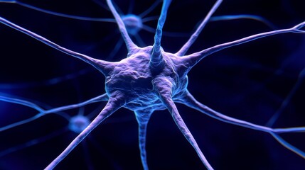 3D Rendered Neuron, Nerve Cell Illustration on Blue Background. Neuroscience, Neurology Concept.