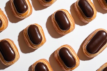 Obraz premium A carefully arranged collection of artisan chocolate éclairs, featuring a rich glossy topping and perfectly baked pastry, displayed on a bright surface for visual appeal.