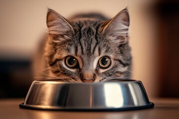 A wide-eyed tabby cat intently peers at a sleek metal food bowl, capturing an enchanting scene of curiosity within a contemporary and serene atmosphere.