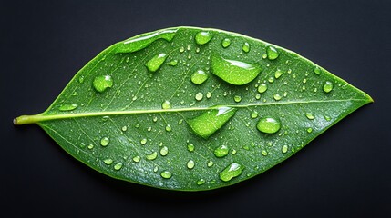 Close-up detail of the morning dew on a green leaf