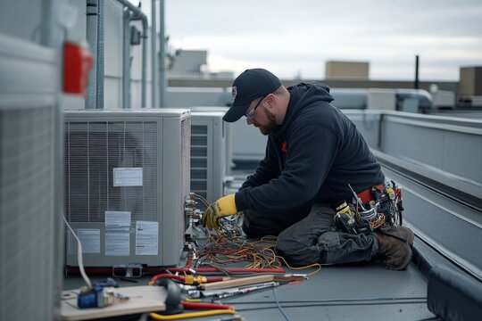 A focused technician performs intricate wiring connections on an HVAC system atop a building, showcasing expertise and concentration, amidst a contemporary urban setting.