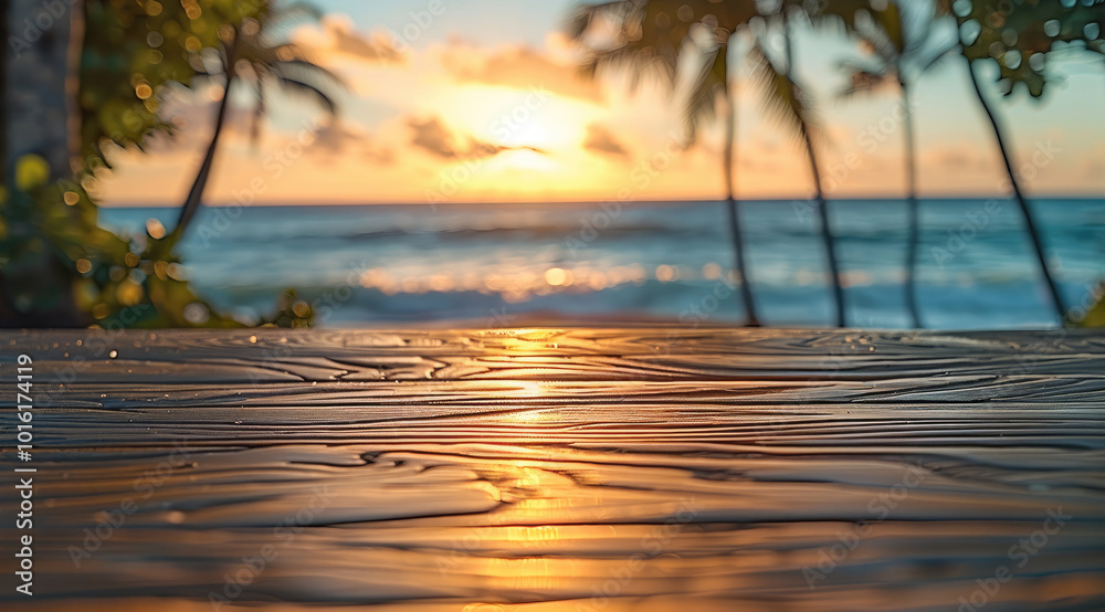 Poster A close-up shot of an empty wooden table, with a clear view of the tropical beach as its backdrop at sunset.