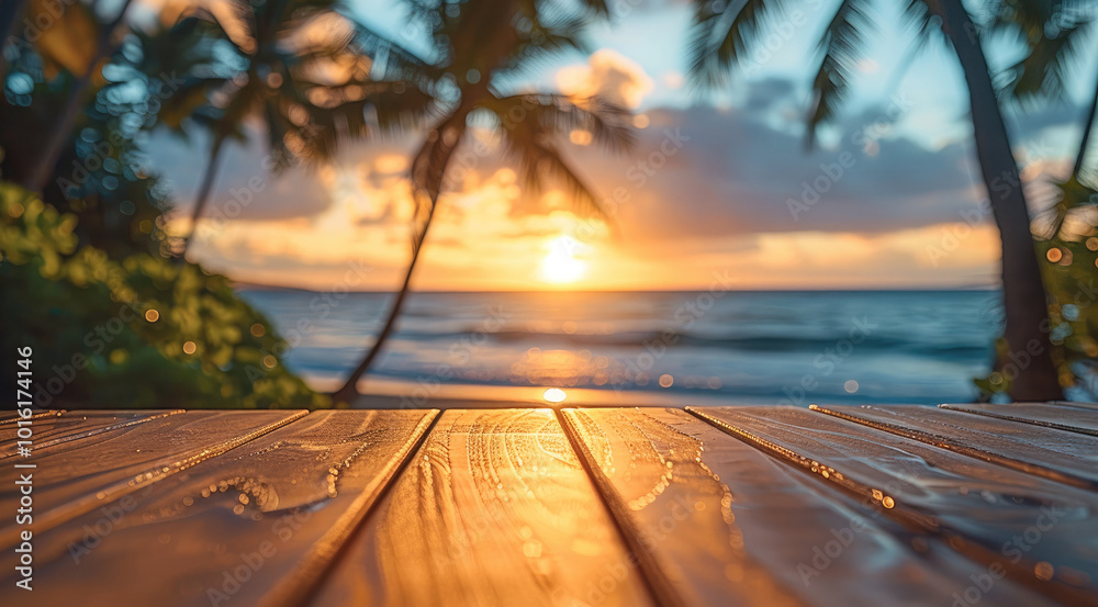 Poster A close-up shot of an empty wooden table, with a clear view of the tropical beach as its backdrop at sunset.