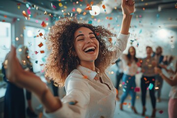 A cheerful woman, arms wide open, celebrates surrounded by vibrant confetti, her joyful expression epitomizing happiness and exuberance in a lively gathering.