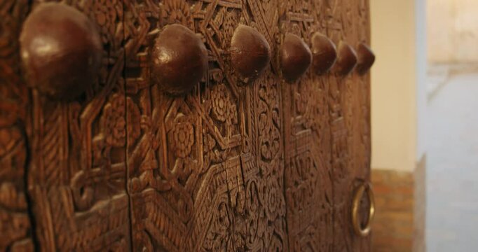 Old Wooden Gates to Madrasah Mohammed Rahim Khan. Khiva Uzbekistan Fortress Ichan Kala 7