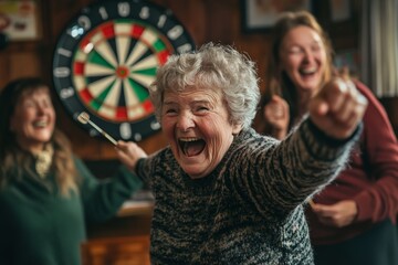 An elderly woman, laughing with joy, plays darts with friends in a casual setting, highlighting friendship, happiness, and the enjoyment of simple pleasures.