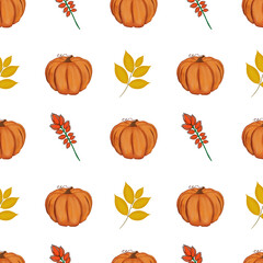 Pumpkin with autumn leaves and flowers. Seamless pattern for Harvest Festival.