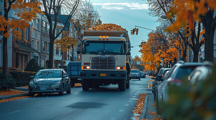 Obraz premium A garbage truck traveling down a residential neighborhood road.