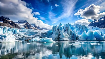 Massive Blue Glacier Iceberg Calving into a Glacial Lake Under a Wide Blue Sky