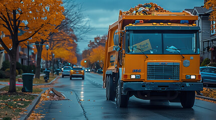 Obraz premium A garbage truck traveling down a residential neighborhood road.