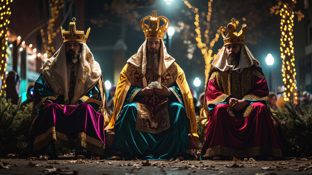 Majestic portrayal of Three Kings in ornate robes and crowns against a sunset backdrop. Concept for Dia de Reyes Magos day,Three Wise Men - Powered by Adobe