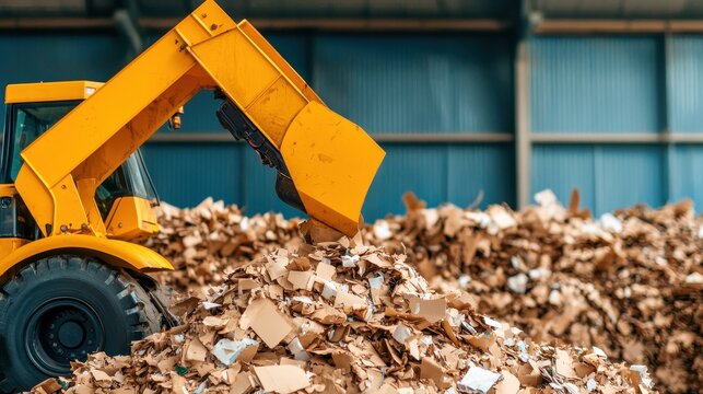 A yellow bulldozer working on a large pile of cardboard waste in a recycling facility. - Powered by Adobe