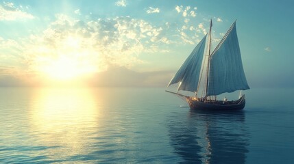 Fototapeta premium A realistic image of a sea blue sailboat gliding over calm waters, with intricate details in the sails and soft sunlight.