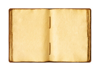 Old open medieval book with worn parchment pages. Isolated on transparent background