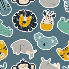 Seamless pattern with cute safari animal faces. Hand drawn kids print for fabric, children's room wallpaper and wrapping paper. © Anna Yakushenko