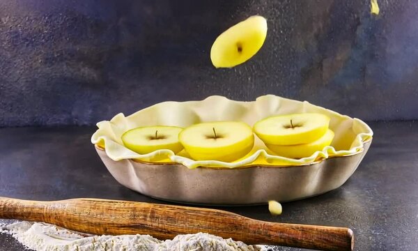 Rondelles de pommes golden tombant dans un fond de tarte, avec rouleau &agrave; p&acirc;tisserie et farine, pr&eacute;paration de tarte aux pommes