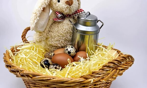 Panier en osier avec &oelig;ufs de poule et de caille, pot de lait en m&eacute;tal et lapin, symboles traditionnels de P&acirc;ques