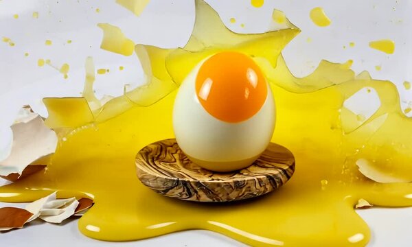 Jaune d'&oelig;uf explosant sur un &oelig;uf dur, se transformant en &oelig;uf &agrave; la coque, effet cr&eacute;atif et gourmand