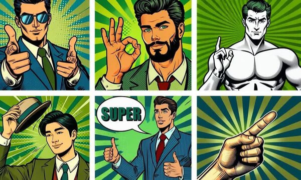 Six hommes d'affaires dans des bulles de BD style pop art ann&eacute;es 50, attitudes positives, geste OK, pointer du doigt, tirer le chapeau, fond vert