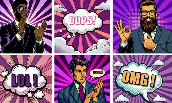 Trois hommes d'affaires dans 6 bulles de bande dessin&eacute;e style pop art ann&eacute;es 50, expressions positives et gestes d'encouragement tels que "Bravo", "Oups", "Lol", "OMG", en applaudissant ou faisant OK