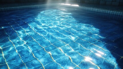 Obraz premium A realistic shot of a sea blue swimming pool with intricate tile patterns and crystal-clear water illuminated by sunlight.