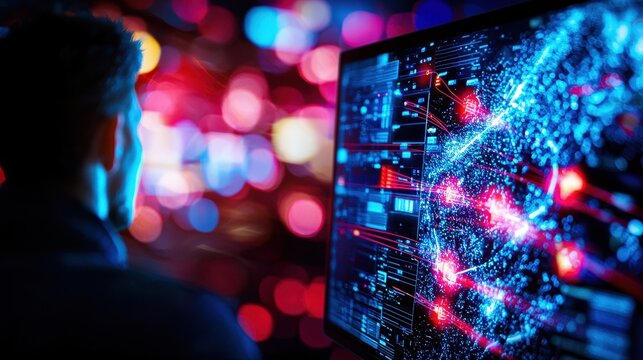 Person working on a computer screen with vibrant data visualization in a dimly lit environment.