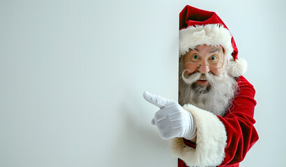 Santa Claus peeks from behind the edge of an empty white wall, pointing at it with his hand. This festive image is ideal for Christmas-themed promotions or messages, offering space for text or design