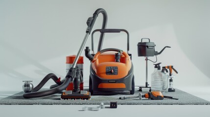 Fototapeta premium Cleaning Equipment and Tools on a Gray Carpet