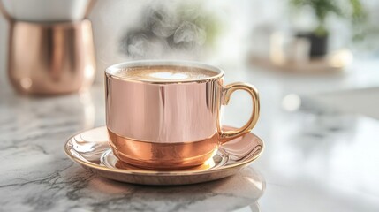 Fototapeta premium A rose gold coffee cup with a saucer, elegantly placed on a marble countertop, steaming with fresh coffee