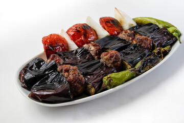 eggplant kebab, meatballs and onions. Meat dish with eggplant