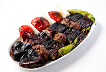 eggplant kebab, meatballs and onions. Meat dish with eggplant