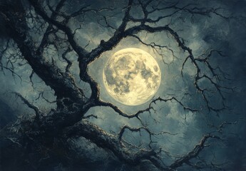Fototapeta premium Dead tree branches framing a full moon in a dark sky with clouds