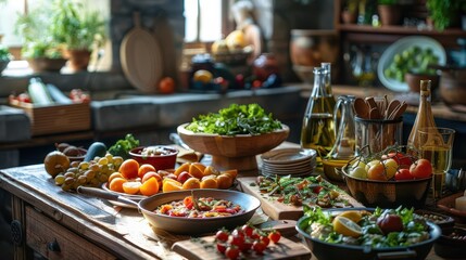 Fototapeta premium Traditional dishes prepared in rustic kitchens, warm and authentic, Culinary, Soft tones, Photograph, Home-cooked meals