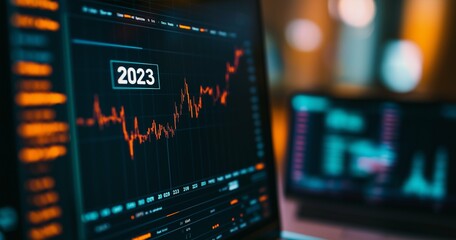 A laptop screen displaying an upward-trending bar graph with "2025" and another arrow pointing upwards, representing business growth in the next year. Generative ai.