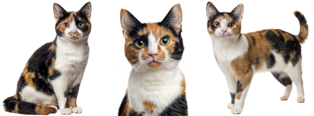 Colection of Three Adorable Calico Cats in Sitting, Close-Up, and Standing Poses on Transparent Background – Pet Photography for Animal Portraits, Adoption Campaigns, and Cat Lovers