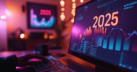 A laptop screen displaying an upward-trending bar graph with "2025" and another arrow pointing upwards, representing business growth in the next year. Generative ai.