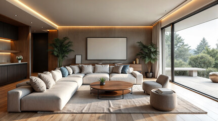Fototapeta premium Modern and Spacious Living Room Interior with Comfortable Neutral Sofa, Minimalist Decor, Large Windows, and Outdoor View of Garden Terrace