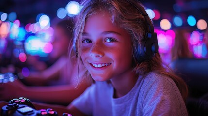 A young gamer enjoys the vibrant atmosphere of an arcade, immersed in colorful lights and the excitement of competition