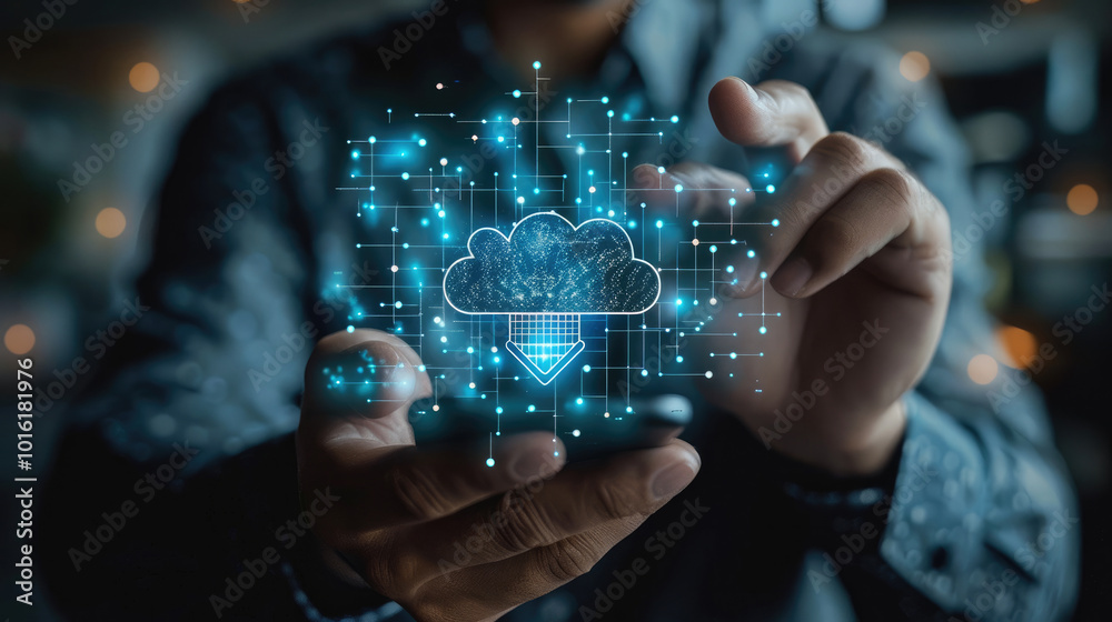 Poster A businessman using cloud technology for data transfer and storage. touching a virtual screen with an upward-pointing arrow, holding a smartphone with an icon for a digital online service connection.