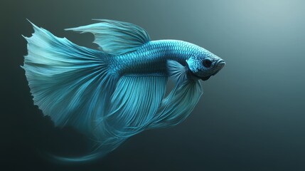 Fototapeta premium Vibrant cyan betta fish swimming gracefully, showcasing intricate fins and scales, set against a soft gradient background.