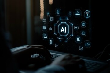 An AI-powered intelligent system with the letters "AI" and various law-related icons floating in front of it, on an office desk, close-up shot of hands typing on a keyboard. Generative ai.